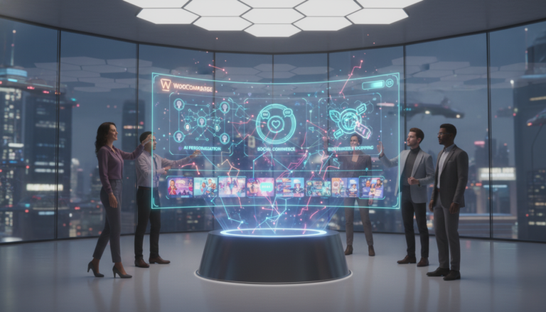 Interface futurista de e-commerce WooCommerce com IA, RA, comércio social e pagamentos simplificados para 2025