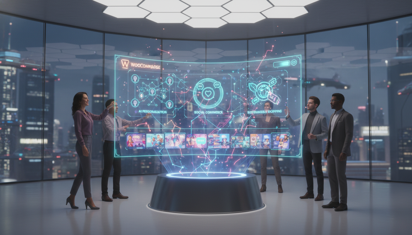 Interface futurista de e-commerce WooCommerce com IA, RA, comércio social e pagamentos simplificados para 2025