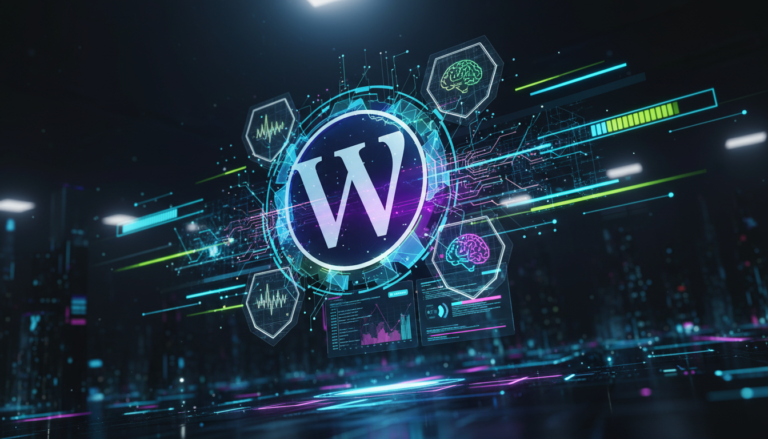 Ilustração futurista do WordPress com elementos de IA, FSE, segurança e velocidade