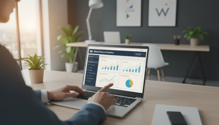 Pessoa otimizando loja WooCommerce em laptop com gráficos de vendas