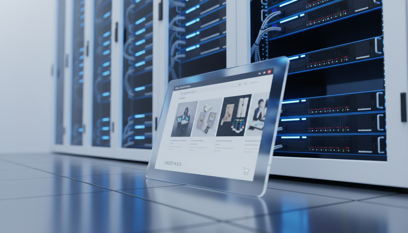 Servidor de data center com luzes azuis simbolizando a minimização do tamanho do banco de dados WooCommerce e a aceleração da loja virtual.