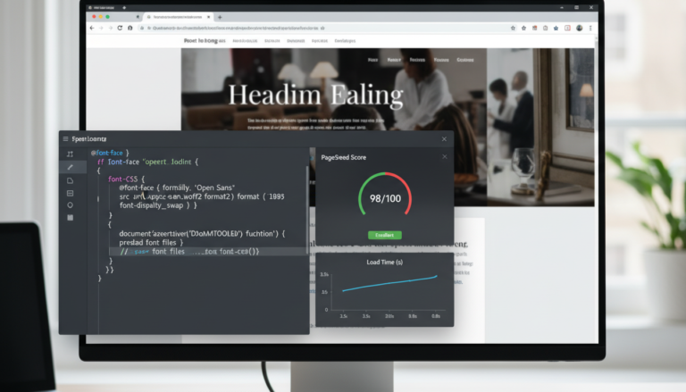 Interface digital com gráficos de velocidade de website e exemplos de código para otimização de fontes, destacando a importância de snippets para Google Fonts.