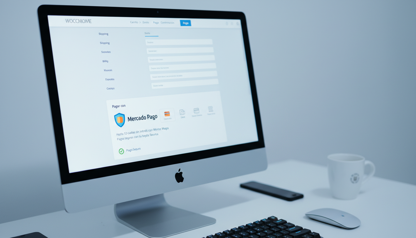 Tela de checkout WooCommerce com opções de pagamento Mercado Pago 8.7.9, com foco em segurança e UX.