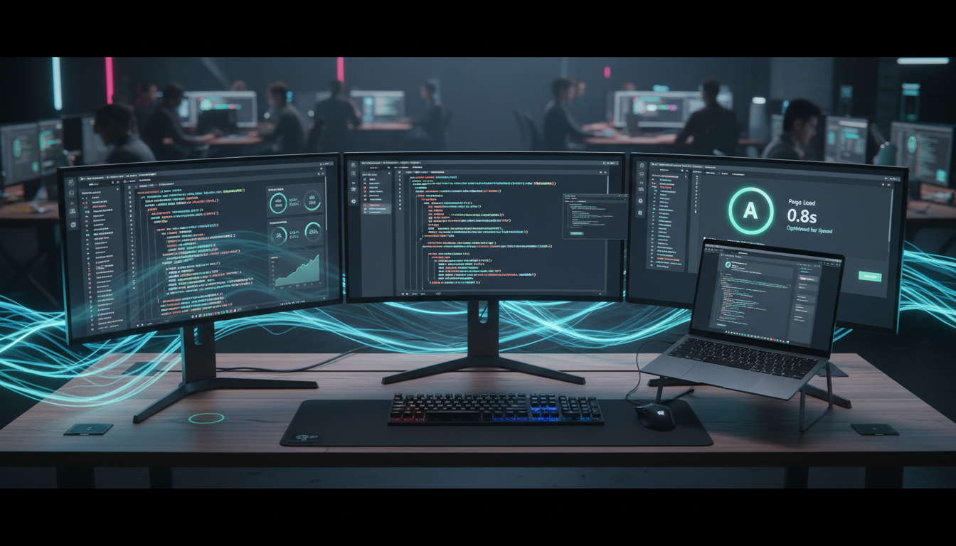 Tela de computador mostrando código CSS e JavaScript otimizado, com gráficos de desempenho web e a palavra 'SPEED' em destaque, simbolizando otimização.