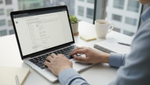 Mãos digitando em laptop com tela WordPress, simbolizando a criação de conteúdo otimizado e estratégias de SEO para atrair tráfego para um blog ou site.