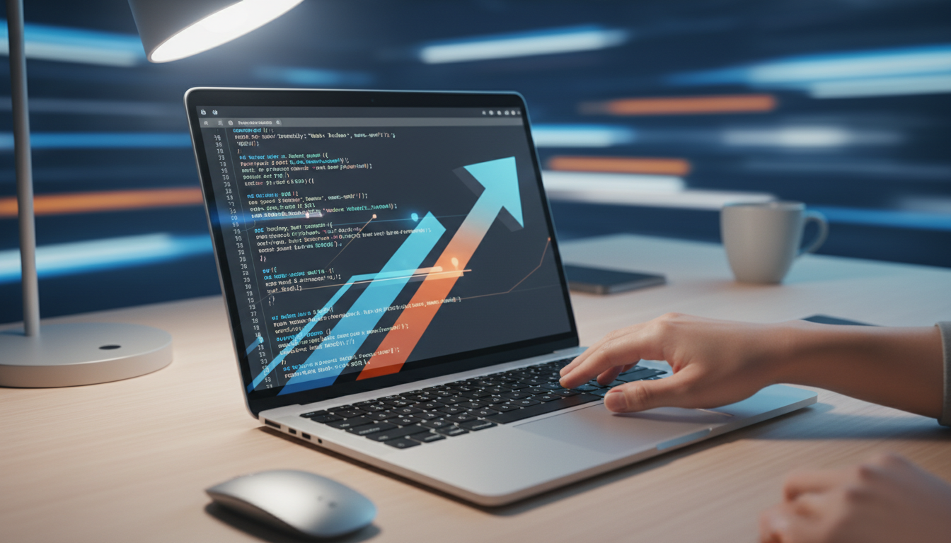 Tela de laptop com código CSS e gráficos de velocidade, representando a otimização de CSS assíncrono usando o plugin WP Rocket para melhorar a performance web.