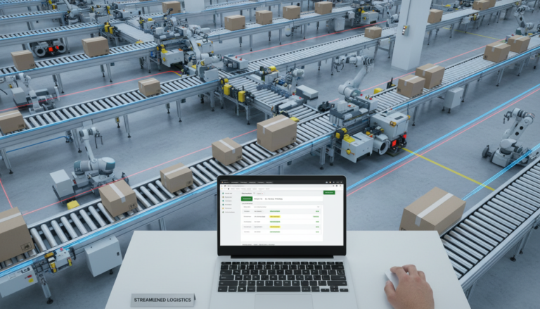 Imagem de um centro de distribuição logístico com um computador mostrando plugins de frete WooCommerce, ilustrando a otimização de entregas.