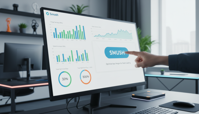 Screenshot do painel do Smush Image Optimization 3.23.3 com indicadores de performance.