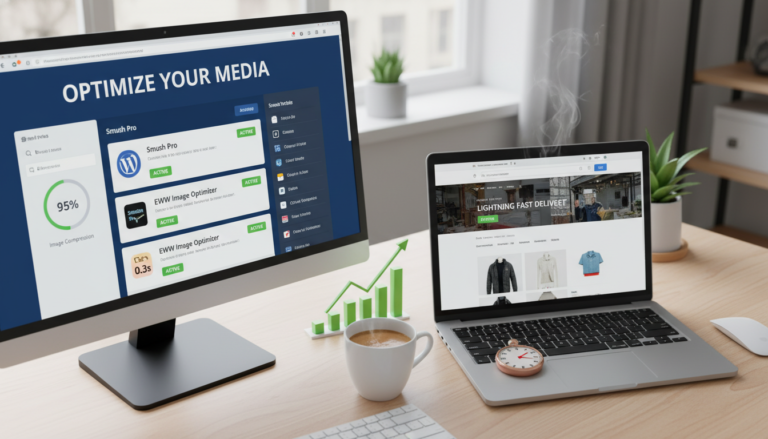 Dashboard do WordPress com plugins de otimização de imagem e um site rápido