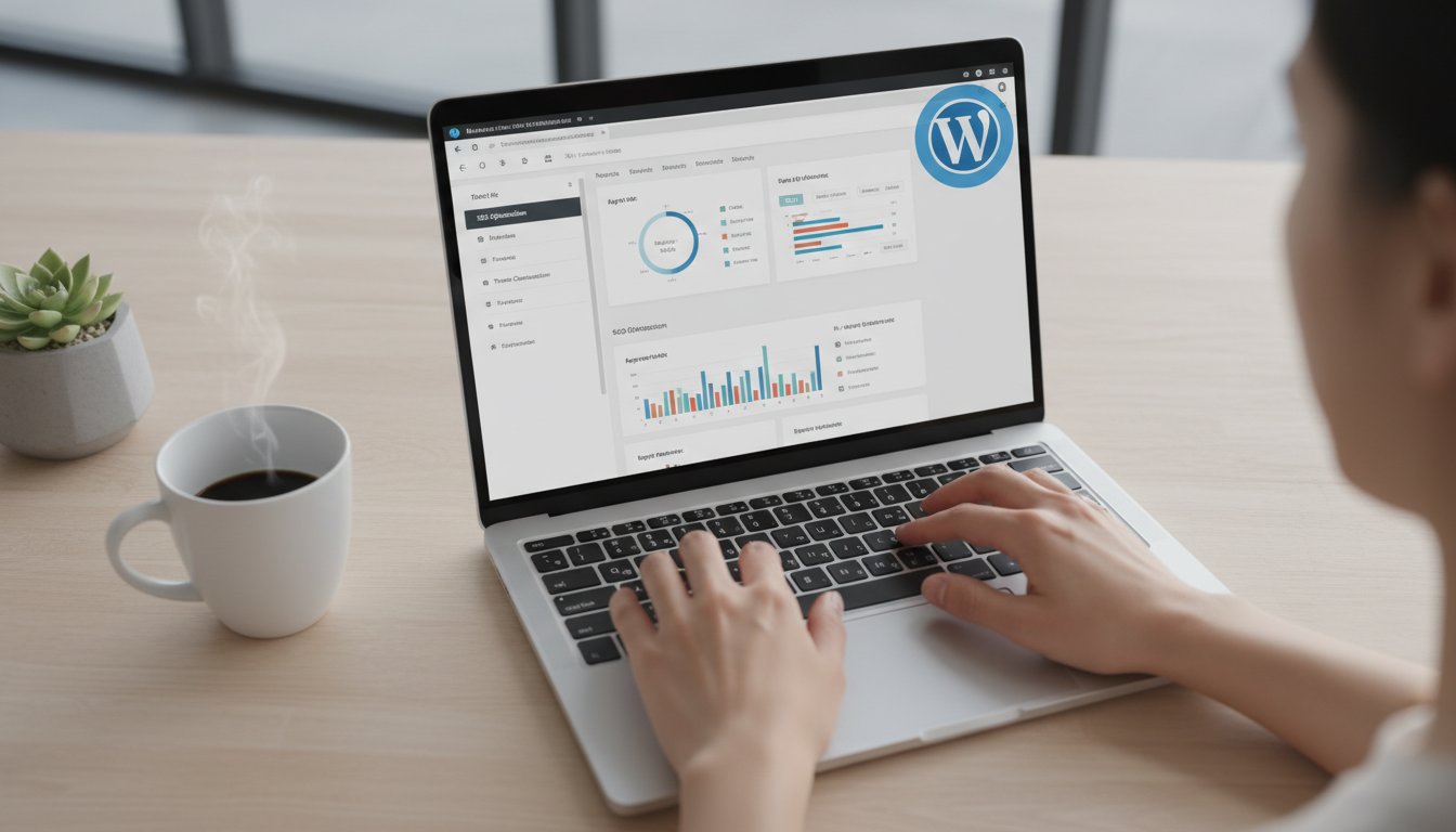 Mãos digitando em laptop com tema WordPress e configurações de SEO
