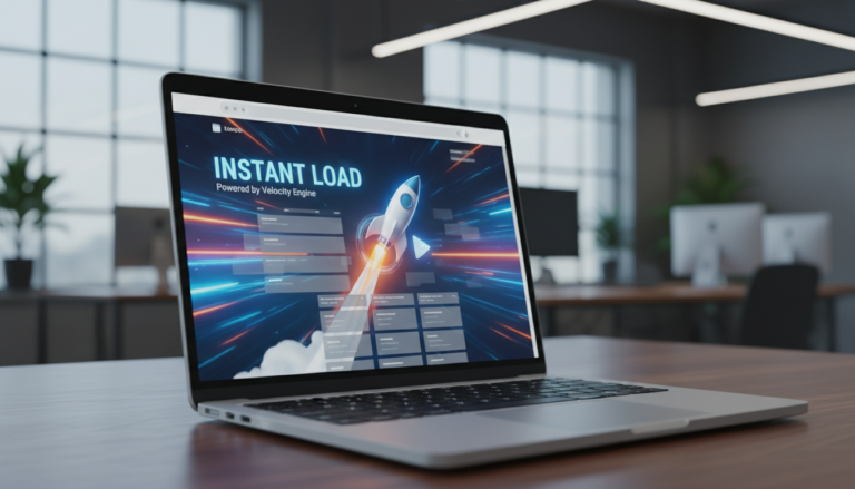 Laptop exibindo site WordPress rápido com WP Rocket e Lazy Load