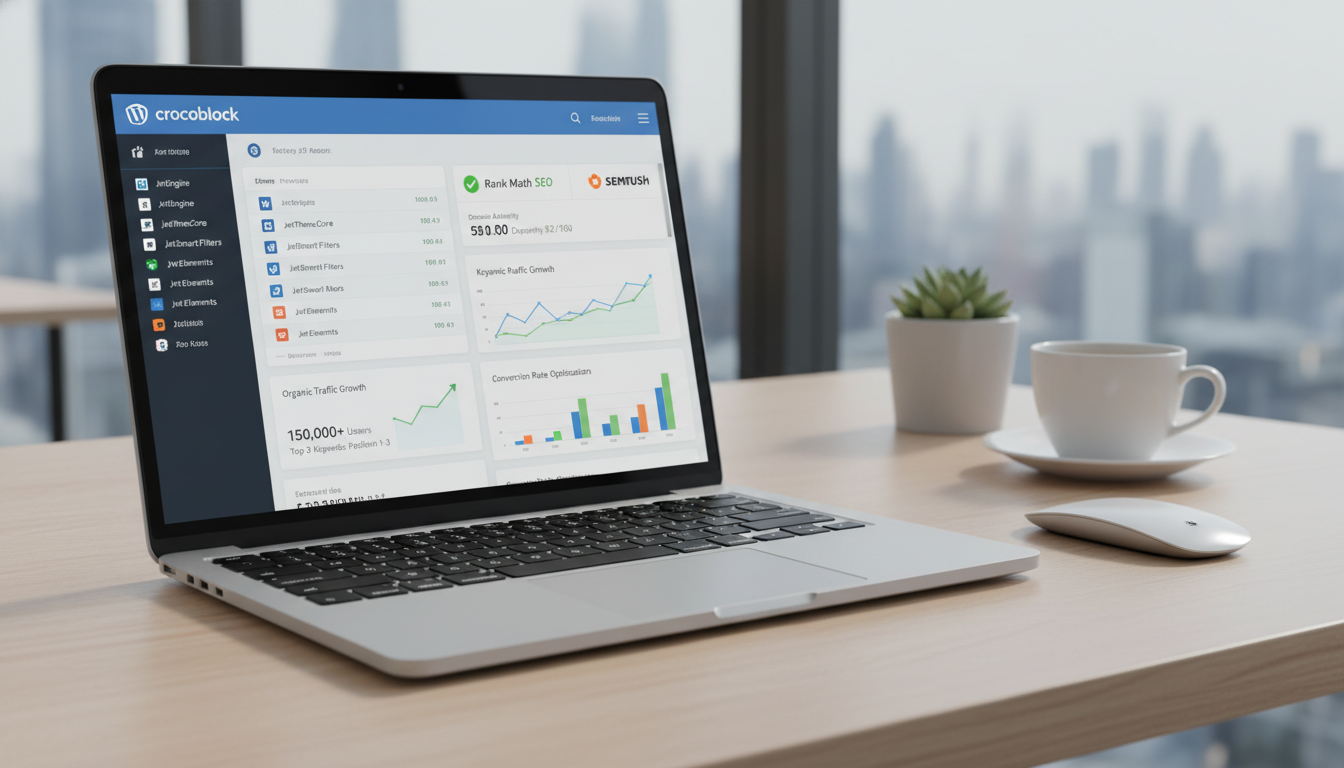 Painel WordPress com Crocoblock e ferramentas de SEO para ranquear melhor