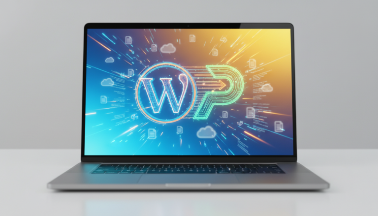 Laptop com site rápido, ícones de arquivos leves, logos WebP e WordPress para otimização de imagens