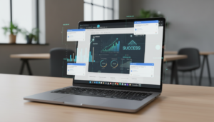Laptop com painel WordPress e gráficos de SEO, ilustrando otimização de conteúdo para Google
