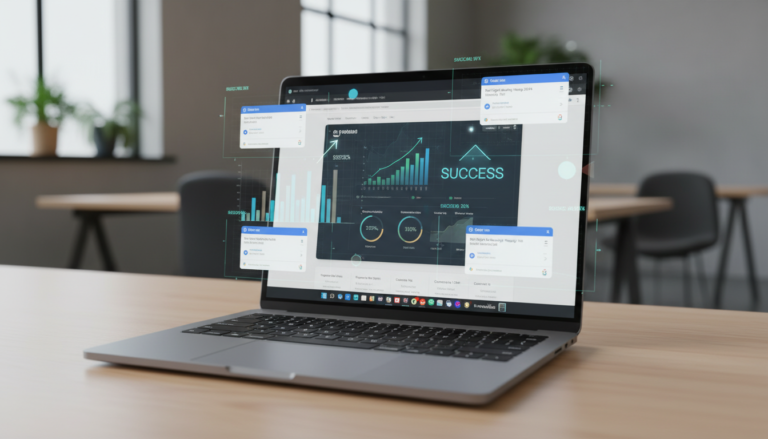 Laptop com painel WordPress e gráficos de SEO, ilustrando otimização de conteúdo para Google