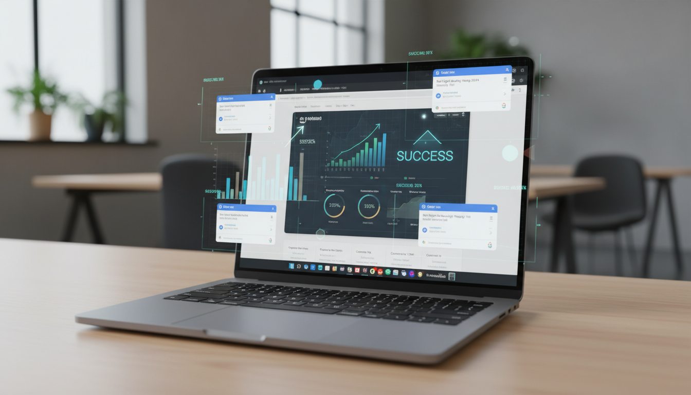 Laptop com painel WordPress e gráficos de SEO, ilustrando otimização de conteúdo para Google