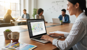 Pessoa trabalhando em laptop com WordPress e mapa local, SEO Local