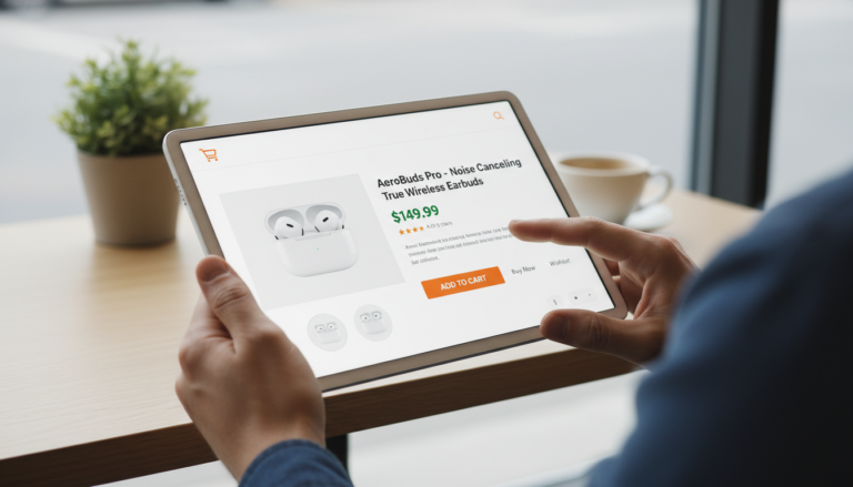 Mãos usando tablet com loja WooCommerce otimizada para UX e design responsivo