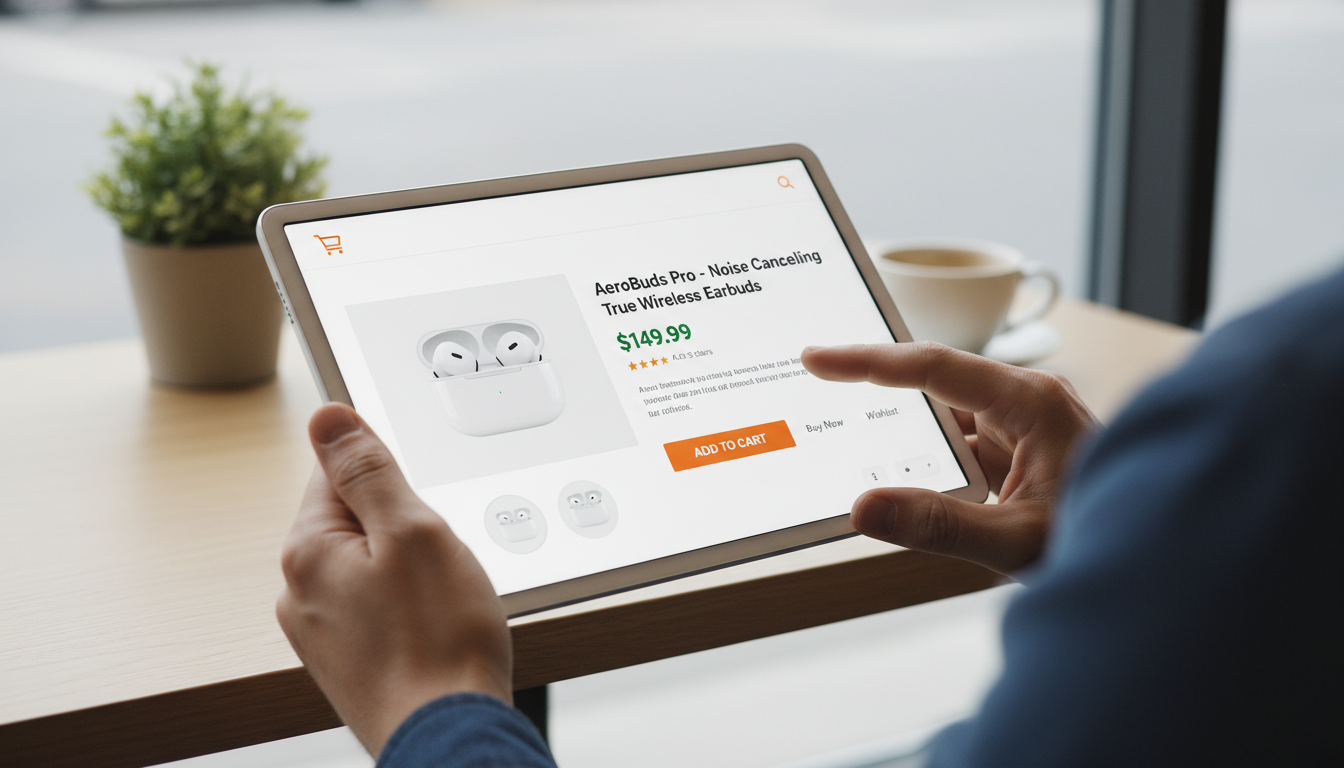 Mãos usando tablet com loja WooCommerce otimizada para UX e design responsivo