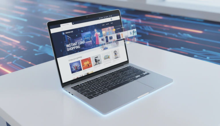 Loja WooCommerce rápida e eficiente, laptop exibindo e-commerce otimizado