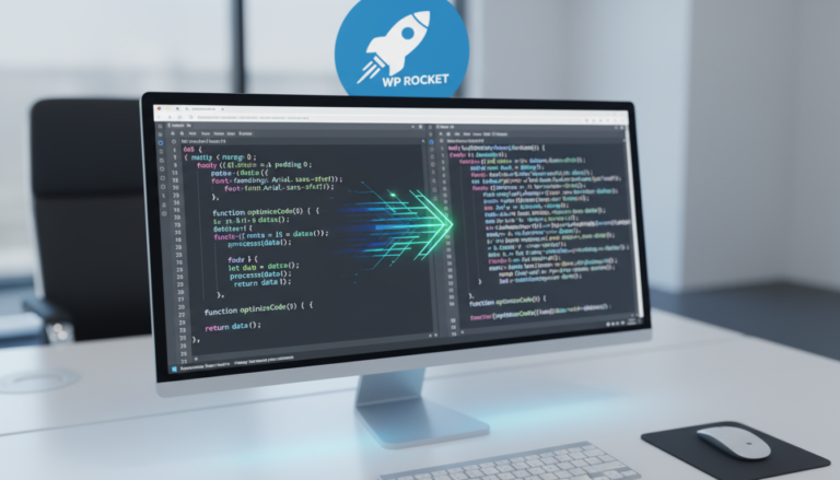Tela de computador mostrando código CSS e JavaScript sendo minificado pelo WP Rocket para otimização de desempenho e velocidade do site.