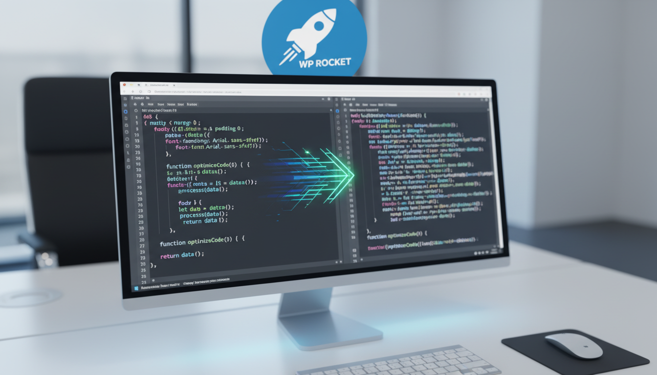 Tela de computador mostrando código CSS e JavaScript sendo minificado pelo WP Rocket para otimização de desempenho e velocidade do site.