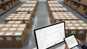 Caixas de envio, computador com WooCommerce, tablet com rotas de entrega - otimização de frete