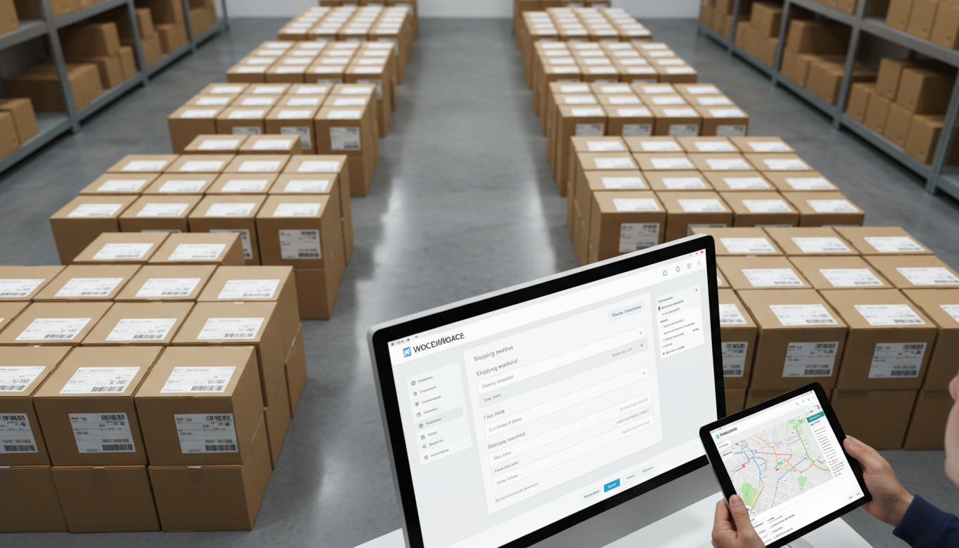 Caixas de envio, computador com WooCommerce, tablet com rotas de entrega - otimização de frete