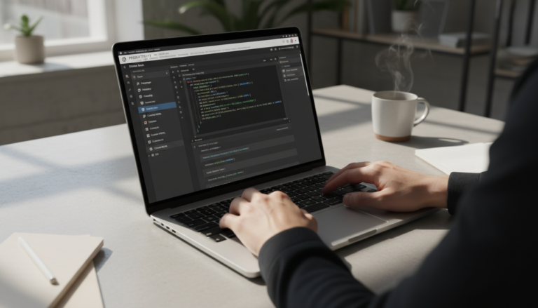Mãos digitando em laptop com editor Gutenberg exibindo snippets de código