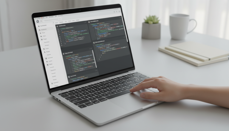 Tela de laptop exibindo código para desabilitar emojis no WordPress, com foco na otimização de performance.
