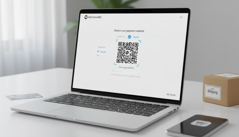 QR Code Pix no checkout WooCommerce, gerado pelo OpenPix 2.13.4, em um laptop.
