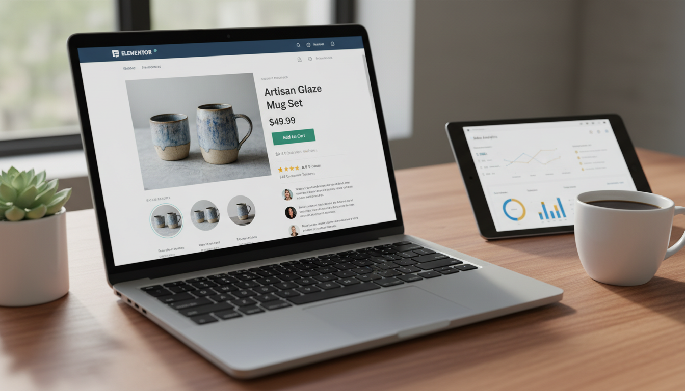 Laptop exibindo página de produto Elementor WooCommerce otimizada para vendas