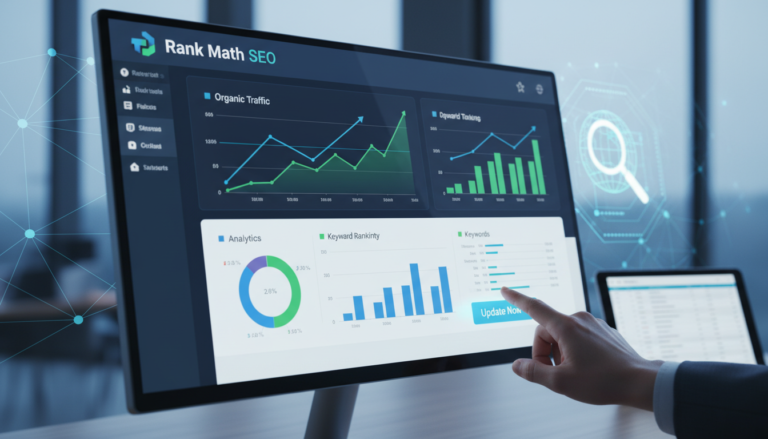 Interface do Rank Math SEO 1.0.264 com gráficos de crescimento e botão de atualização