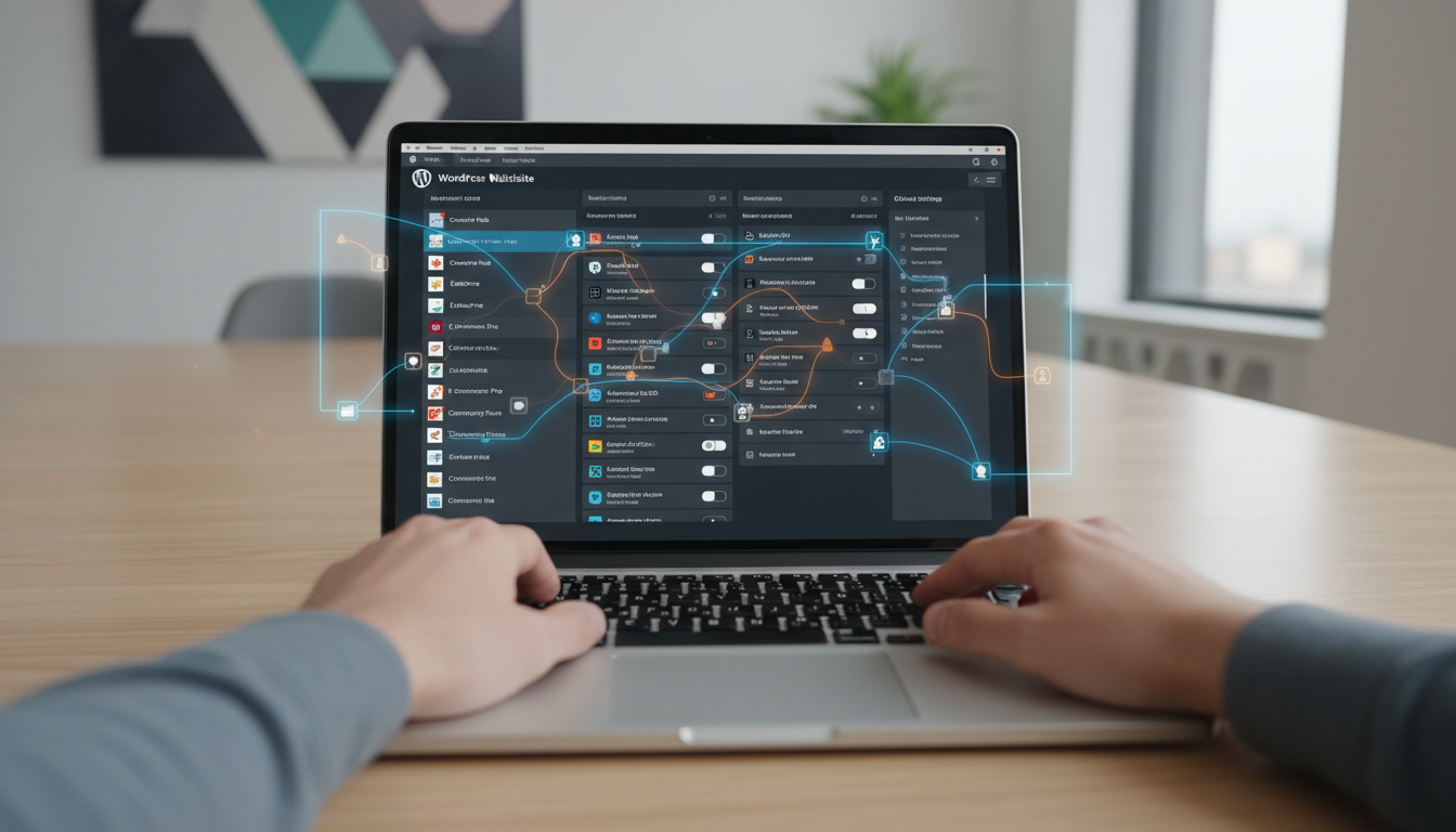 Gerenciamento de plugins em rede WordPress Multisite, painel de controle administrativo