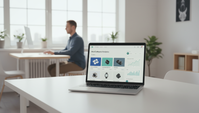 Painel de controle do WooCommerce em um laptop, interface amigável para iniciantes gerenciando loja online