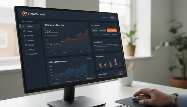 Interface do Ultimate Dashboard 3.8.13, mostrando um painel WordPress personalizado com widgets e branding.