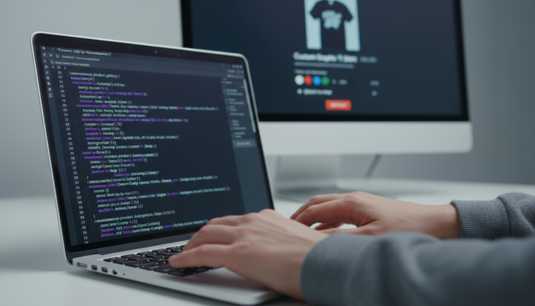 Mãos digitando código CSS para personalizar tema WooCommerce