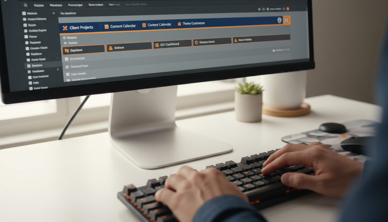 Barra de admin do WordPress personalizada com snippets, exibindo links customizados e um design otimizado para produtividade.