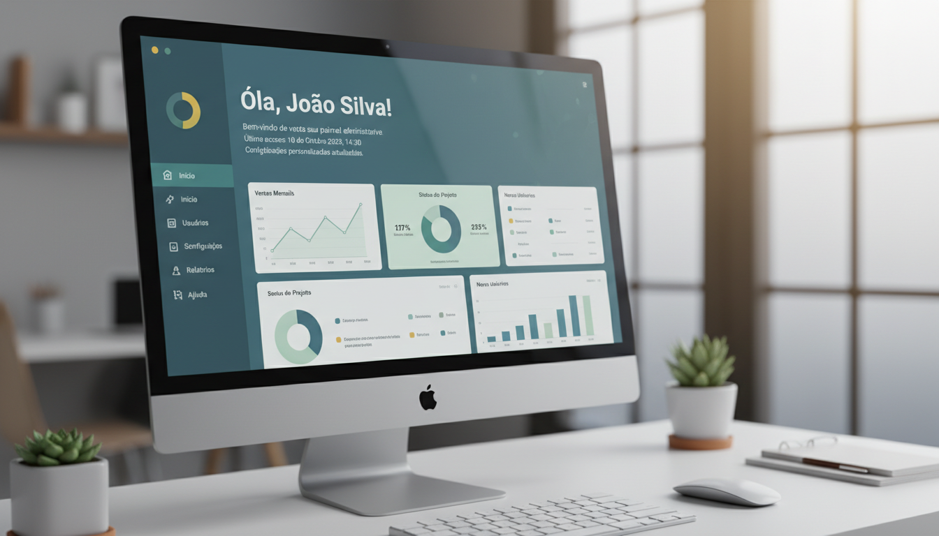 Dashboard admin com mensagem de boas-vindas personalizada usando snippets como nome do usuário e título do site.