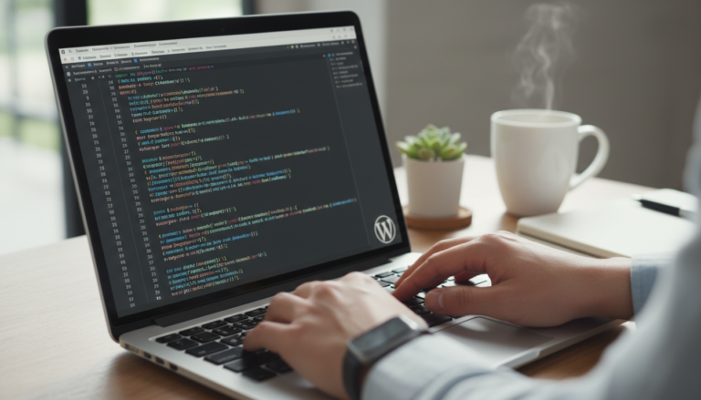 Desenvolvedor personalizando o loop de comentários do WordPress com snippets de código em um laptop