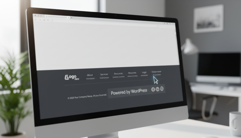 Tela de computador com rodapé de site WordPress mostrando 'Powered by WordPress' e cursor pronto para edição