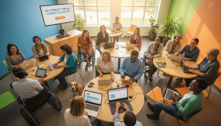 Grupo diverso de usuários interagindo com sites WordPress acessíveis em laptops e tablets.