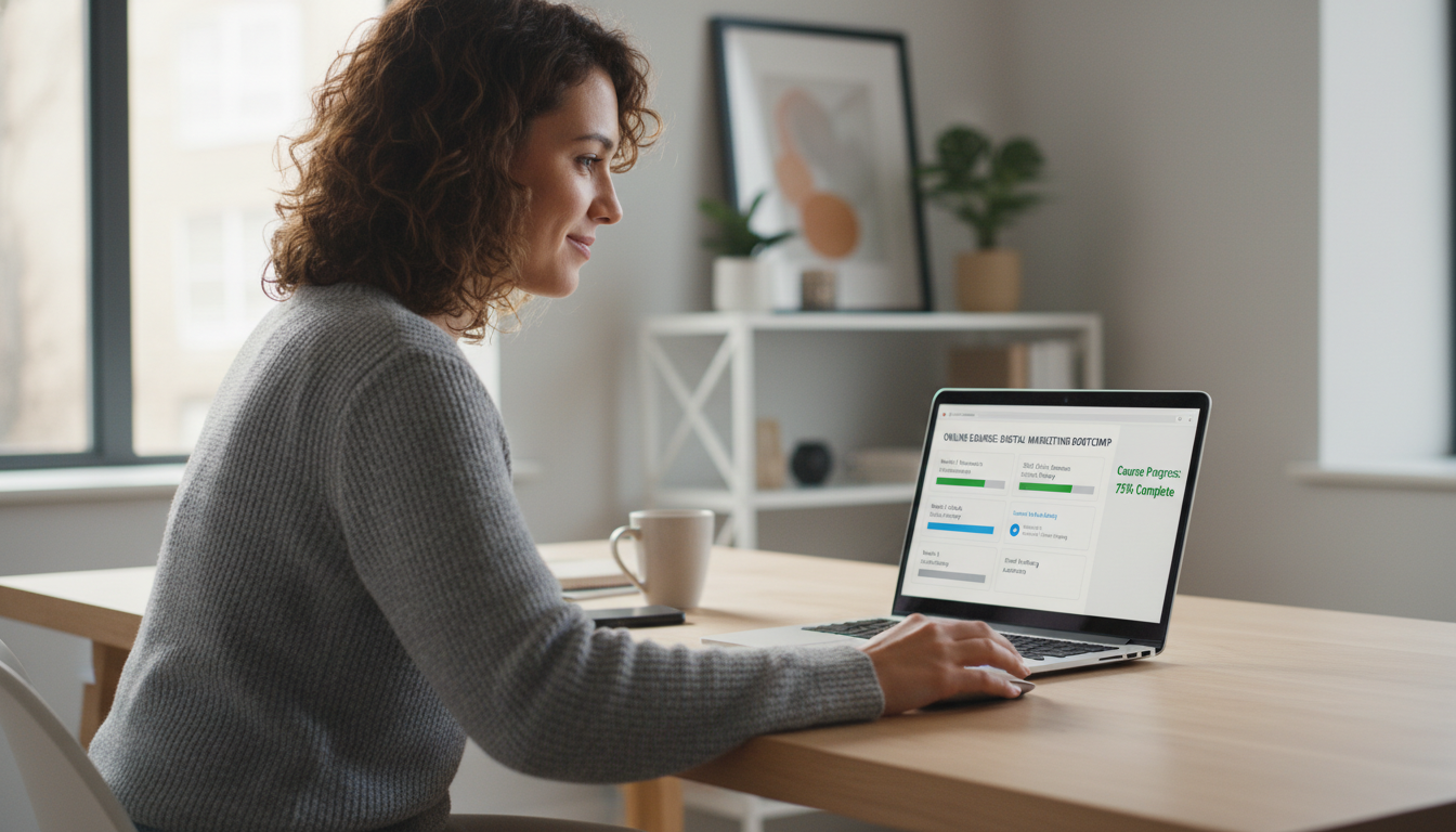 Tela de laptop exibindo um curso online com módulos, certificação e barra de progresso, ilustrando o uso de plugins LMS no WordPress para educação a distância.