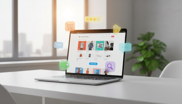 Tela de laptop exibindo e-commerce WooCommerce com ícones de plugins de experiência do cliente