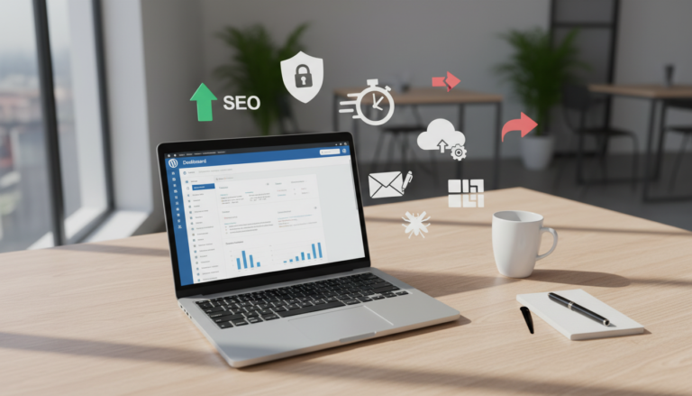 Interface WordPress com ícones de plugins essenciais de SEO, segurança, performance, backup e formulários.