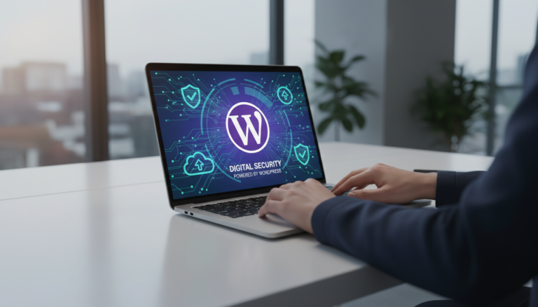 Pessoa fazendo backup de site WordPress em laptop com ícones de segurança e nuvem