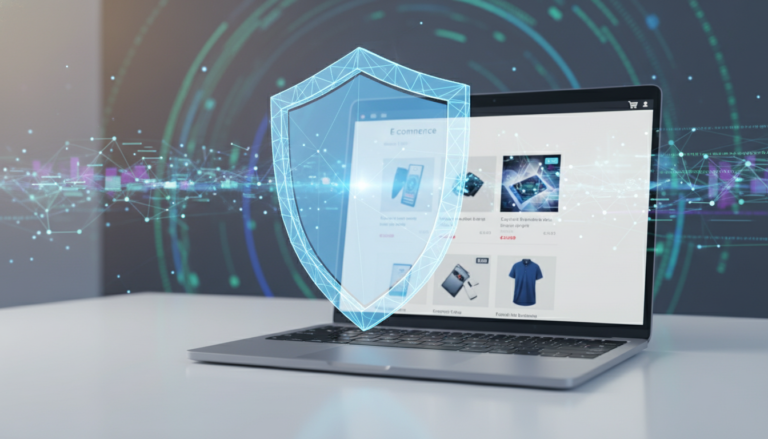 Escudo digital protegendo loja WooCommerce em tela de laptop, com foco em plugins de segurança