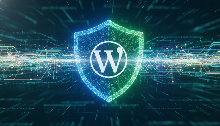 Escudo digital protegendo o logo do WordPress, representando a segurança do All-in-One WP Migração e Backup 7.102