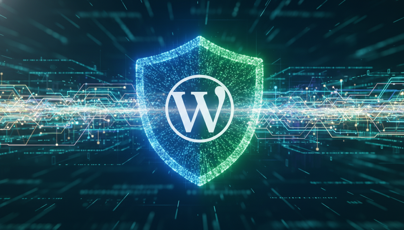 Escudo digital protegendo o logo do WordPress, representando a segurança do All-in-One WP Migração e Backup 7.102