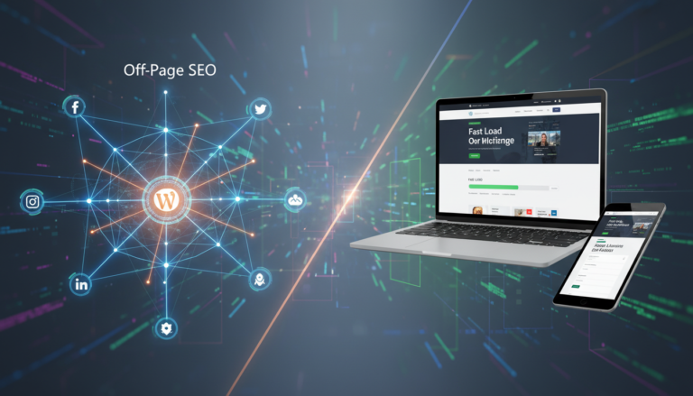 Diagrama visualizando o SEO Off-Page e a influência do tema WordPress, mostrando links e performance do site.